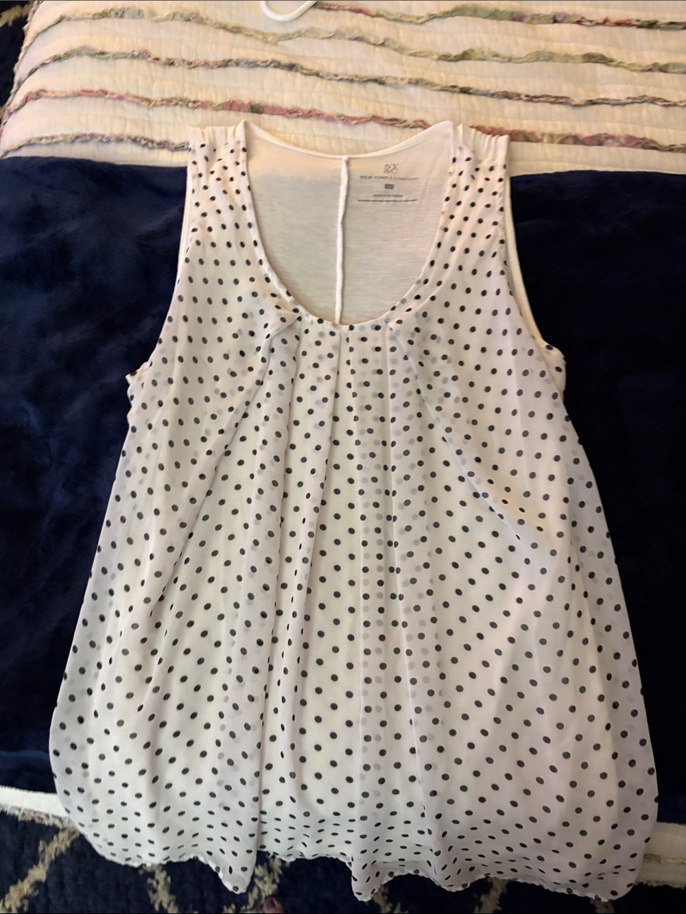New York & Company White Polka Dot Pleated Swing Tank